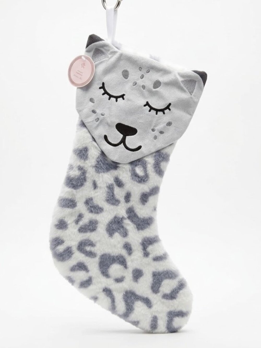 Grey Snow Leopard Print Plush Christmas Stocking